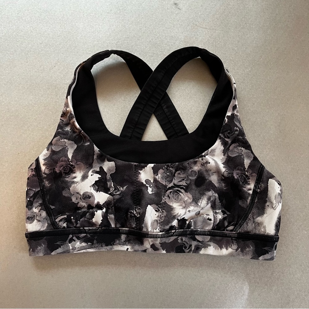 Lululemon black/white floral Run Stuff Your Bra sports bra.